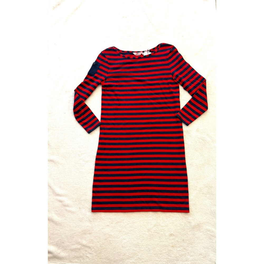 Vineyard Vines Womens Red Velvet Navy Blue Striped Cotton Knit Dress XXS New
